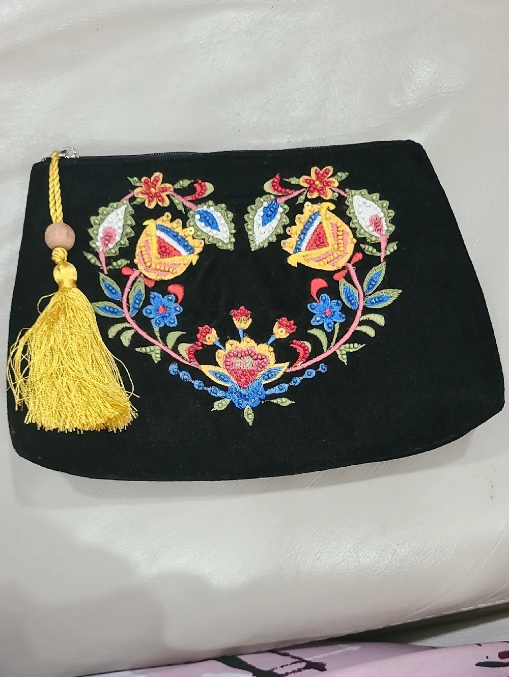 Black Velvet Embroidered Floral Tassel Clutch